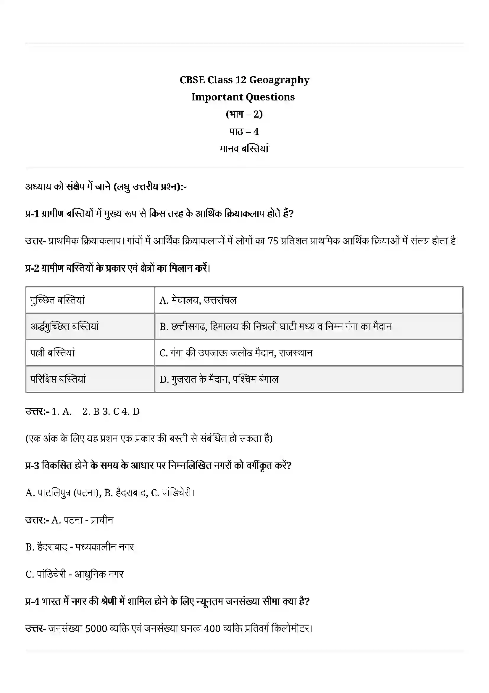 Bihar Board Class 12th Geography (भारत लोग और अर्थव्यस्था) Chapter 4 (मानव बस्तियाँ) Solution 1
