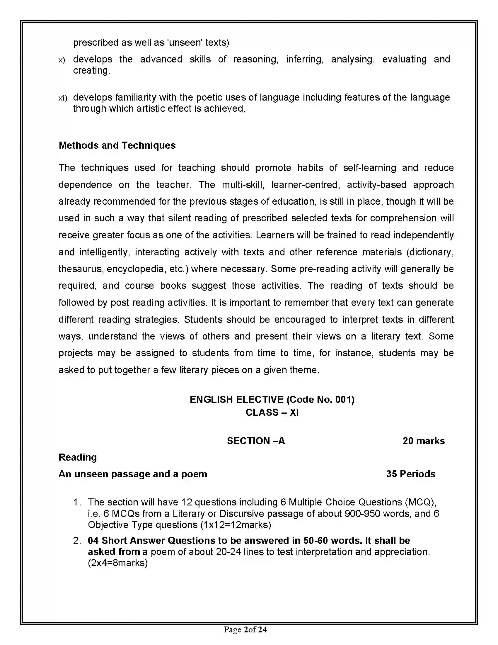 Bihar Board Class 12th 2020 English Elective Syllabus 2