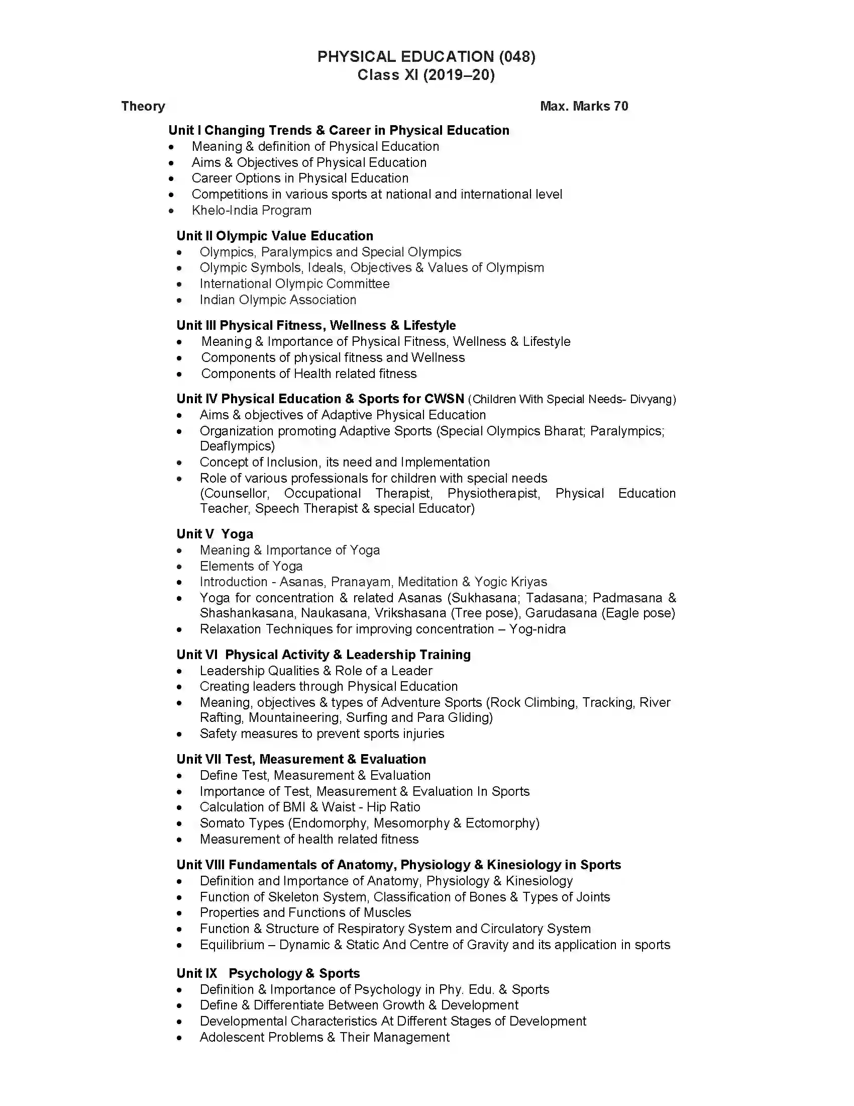 Bihar Board Class 12th 2020 Physical Education Syllabus 1